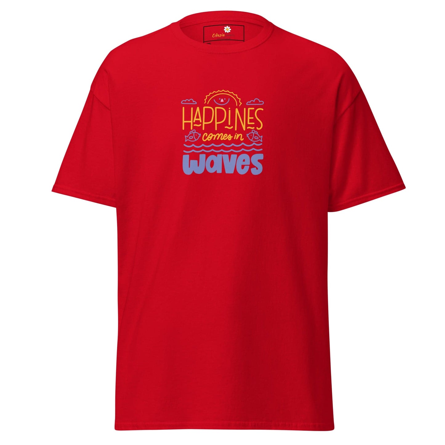 Red T-shirt with Happiness comes in waves graphic for Men and Women in plus sizes