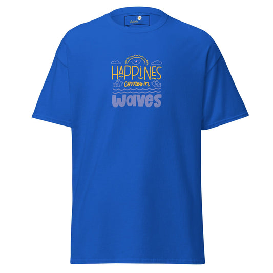 Blue T-shirt with Happiness Comes in Waves design for men and women in plus sizes