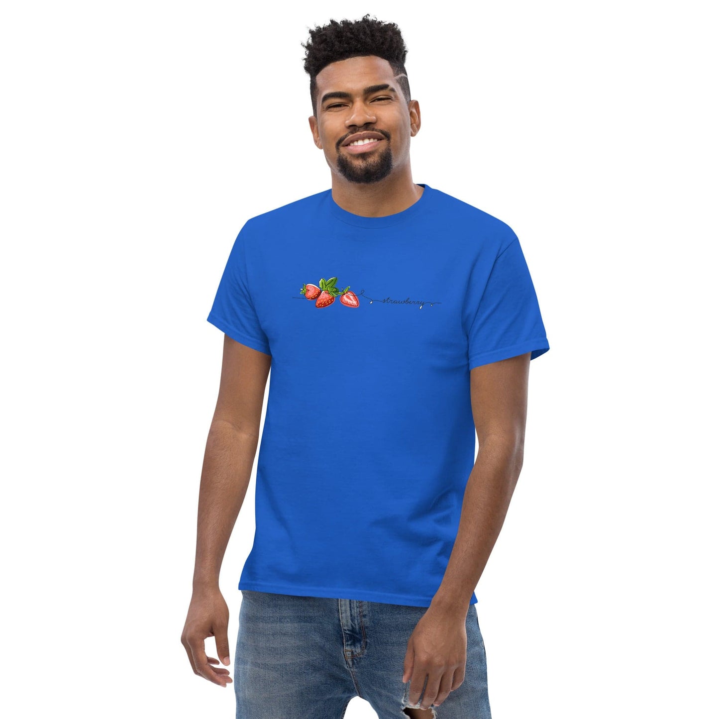 Blue t-shirt with strawberry design.