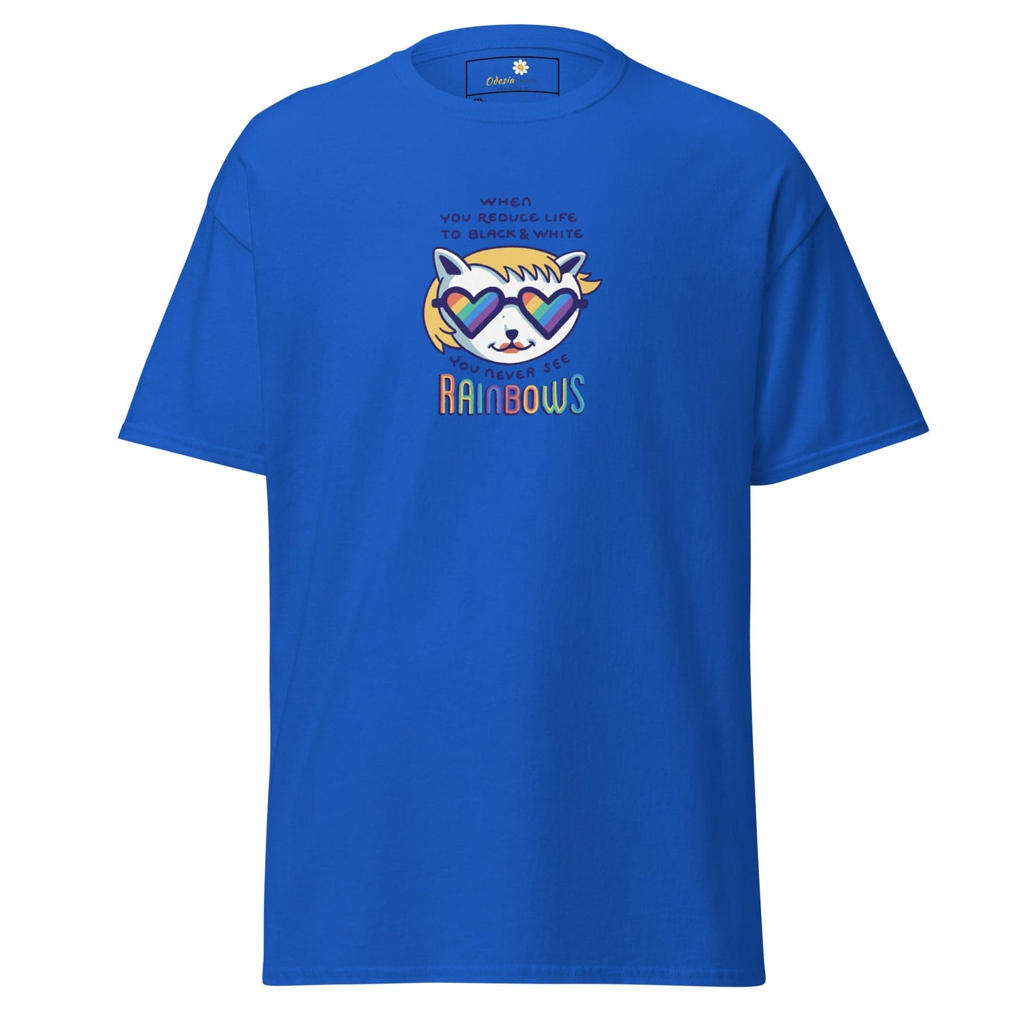 Blue T-shirt with rainbow-themed graphic for men and women in extended sizes 2XL to 5XL