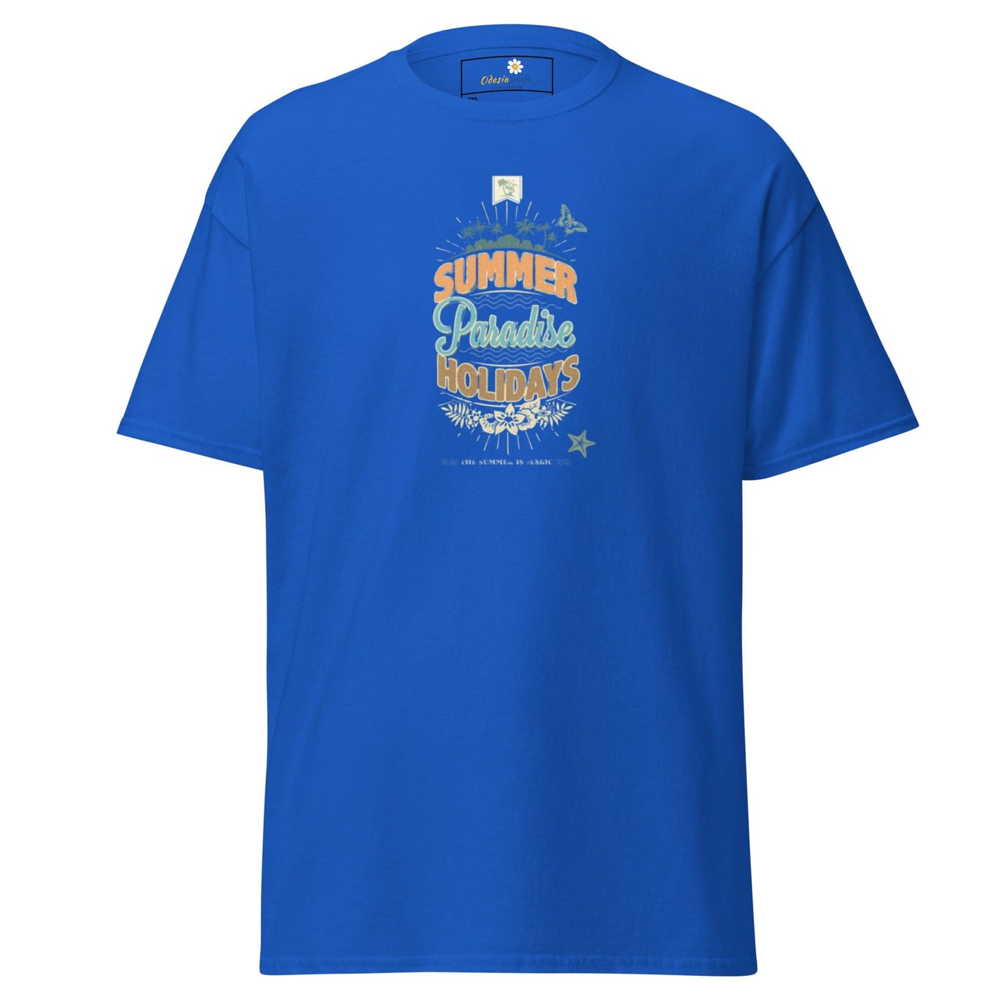 Blue t-shirt with summer-themed graphic.