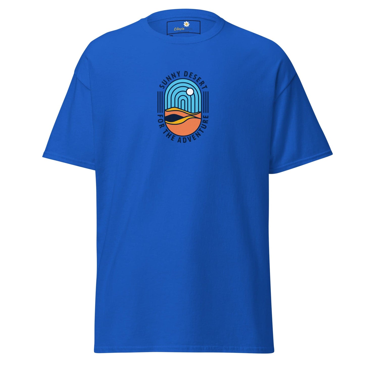 Blue T-shirt with desert graphic for men and women, available in 2XL to 5XL sizes