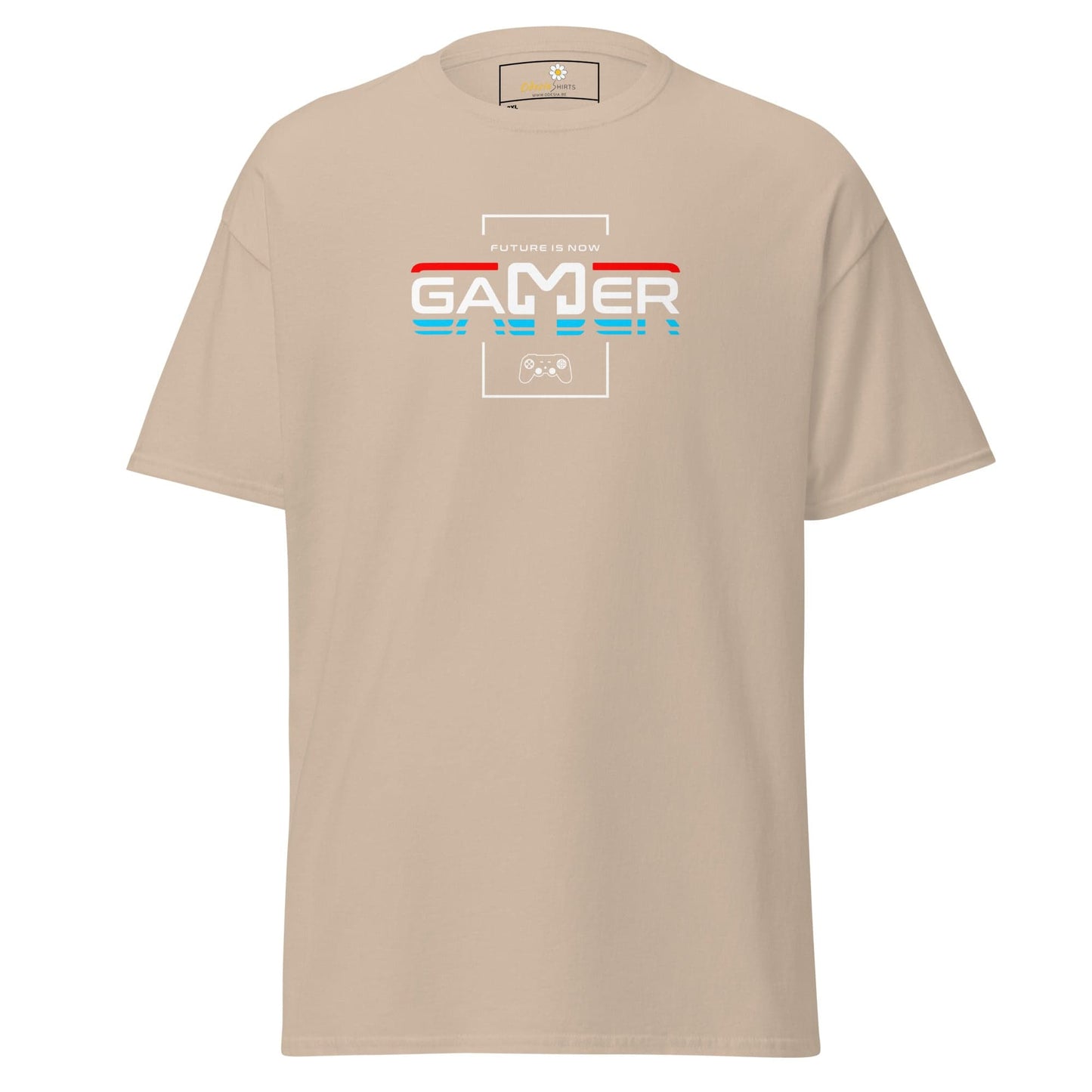 Beige t-shirt with gamer graphic.