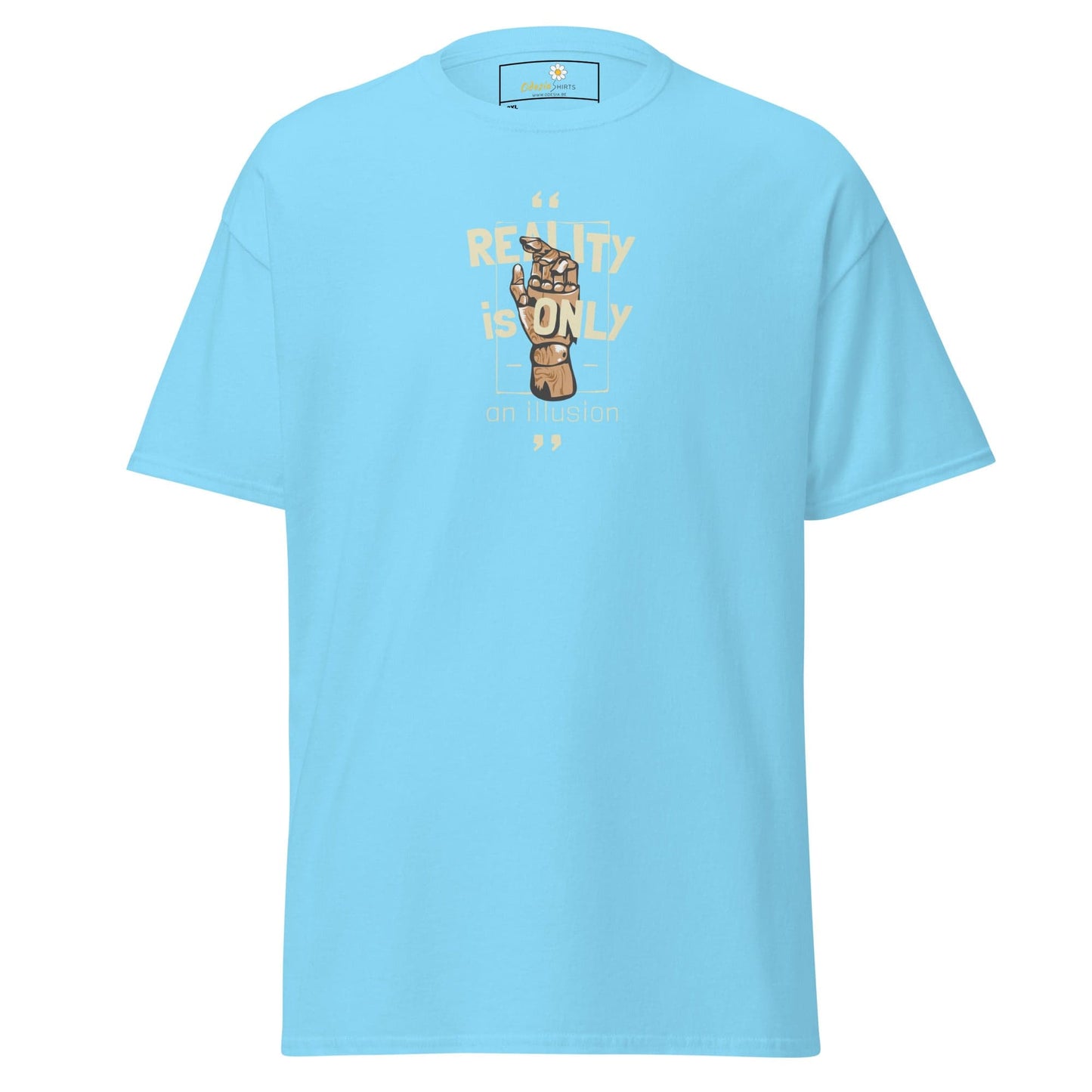 Light blue T-shirt with hand graphic, unisex design available in large sizes