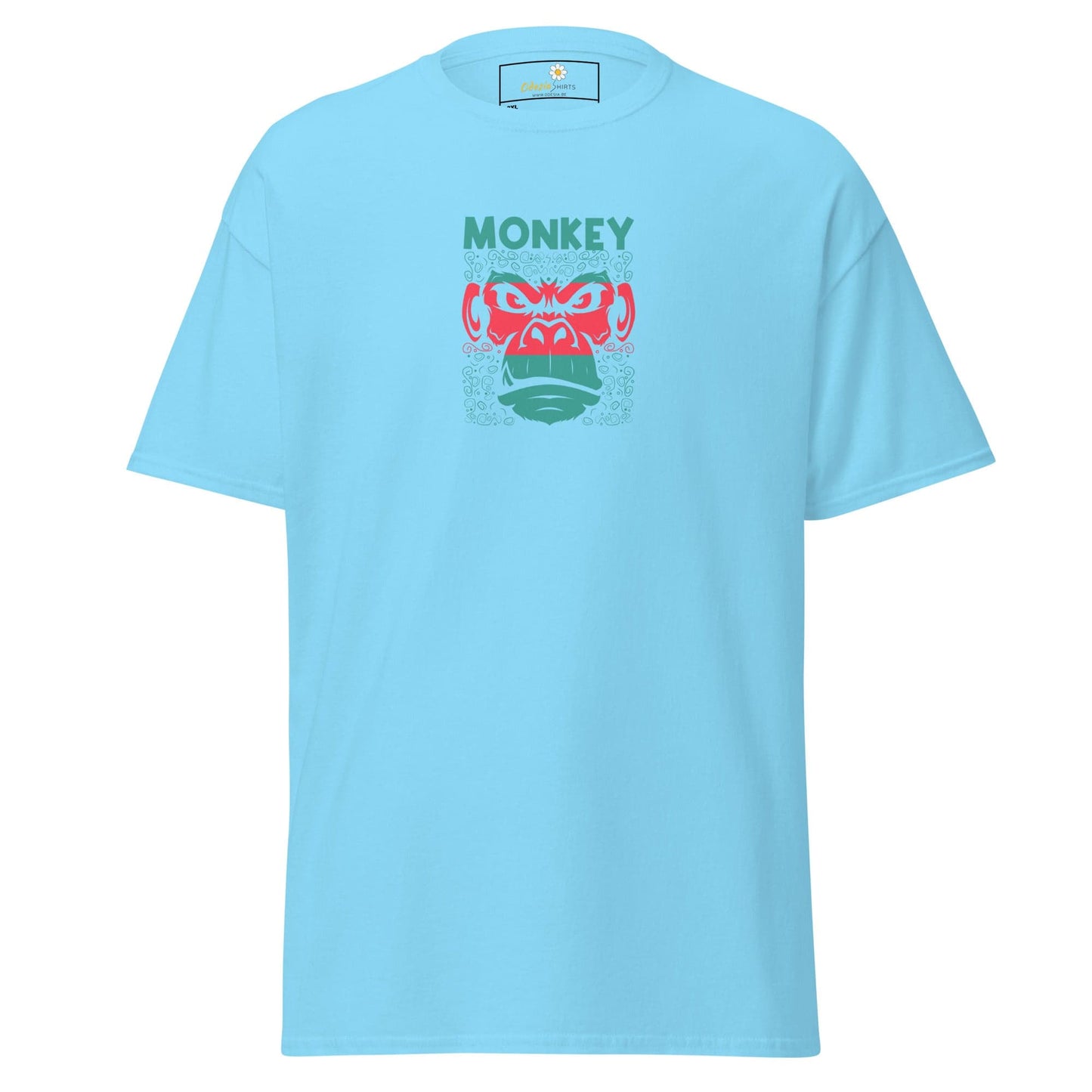 Light blue T-shirt featuring a monkey graphic for men and women in plus sizes