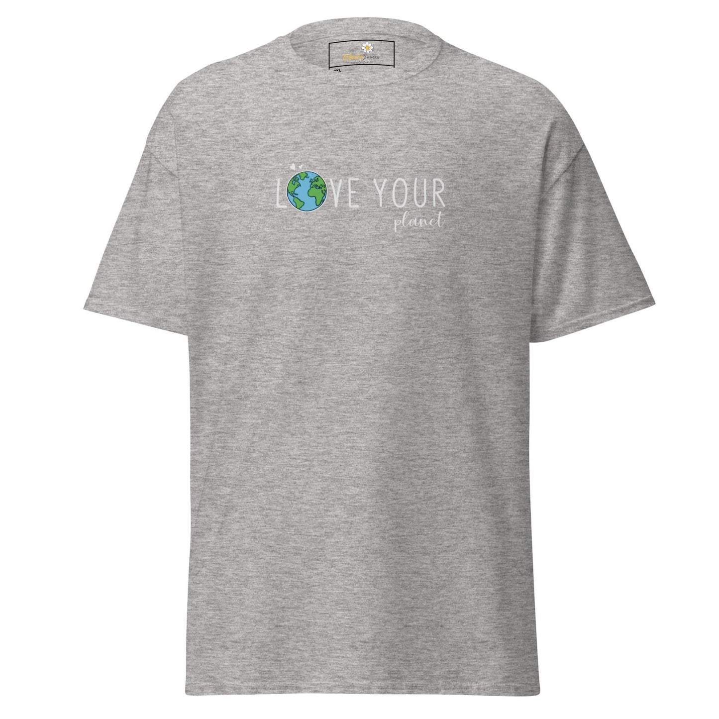 Gray t-shirt with ’Love Your Planet’ design.