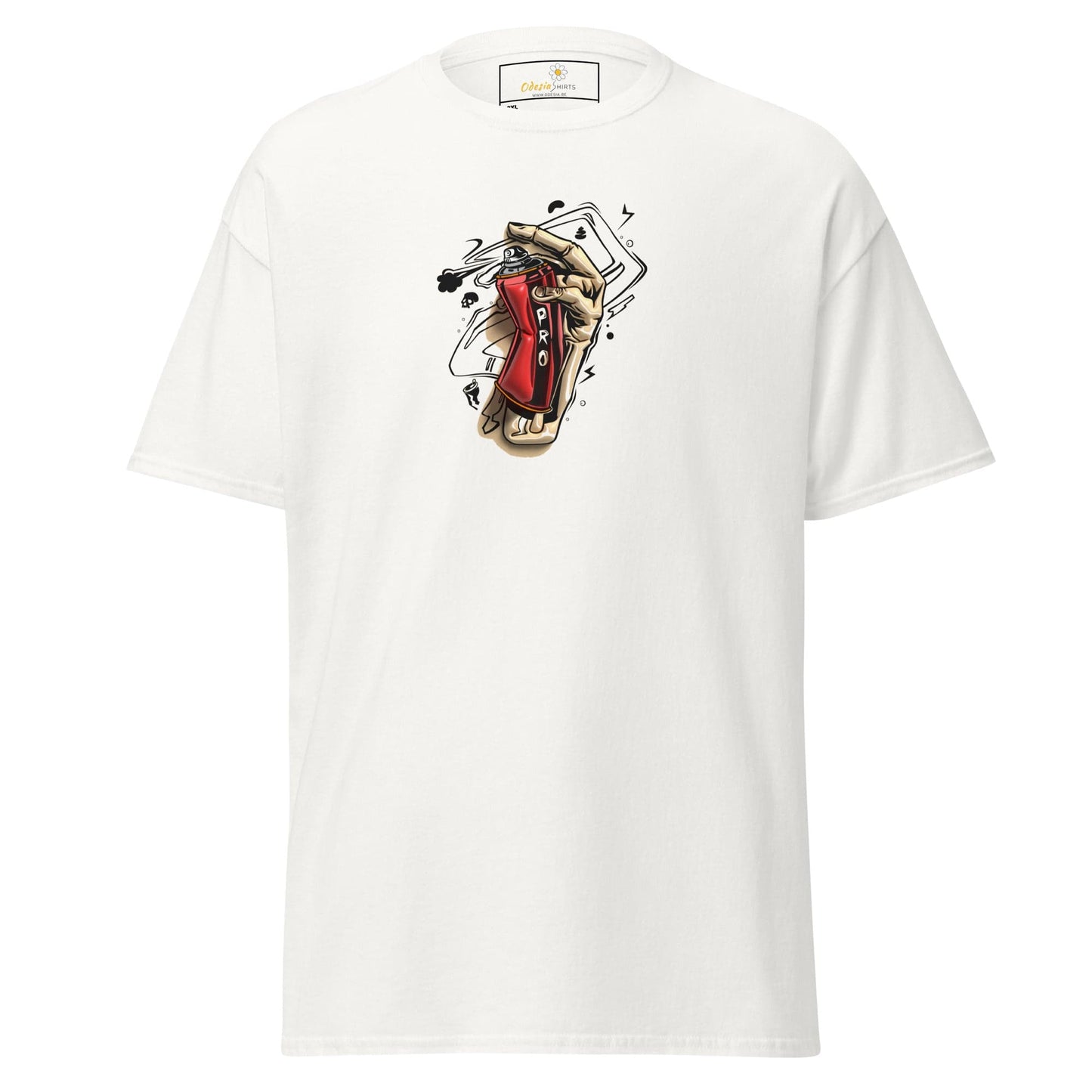 White t-shirt with hand and spray paint can graphic.